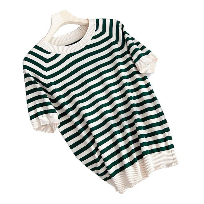 Summer New Striped Sweater T-shirt Women's Loose Round Neck Rags Short Sleeve Western Style Pure Cotton Backing Fashion