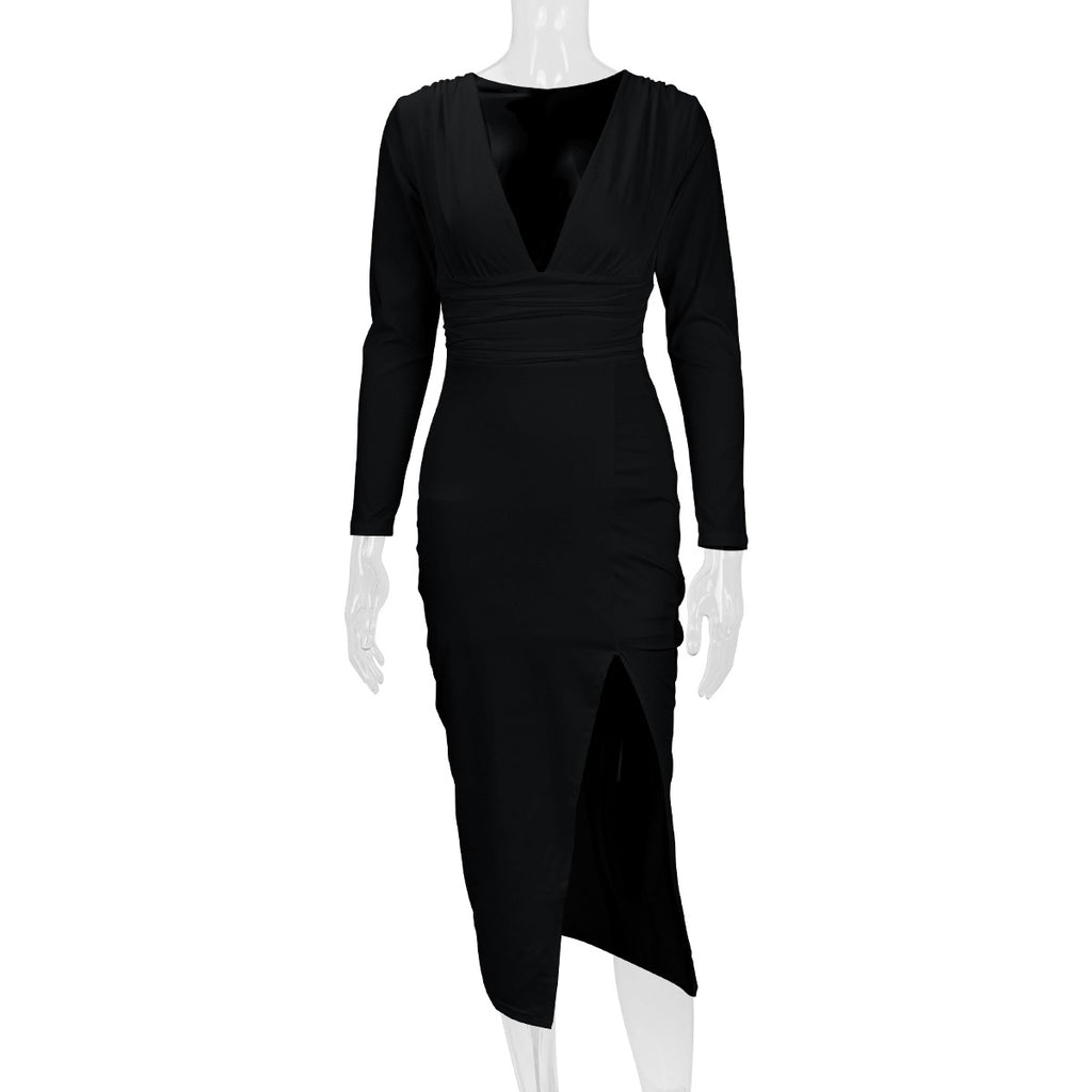 2026 Autumn and Winter New Cross-Border Long Dress European and American Style Sexy Bodycon Slim Fit Slit V-Neck Long Sleeve Dress