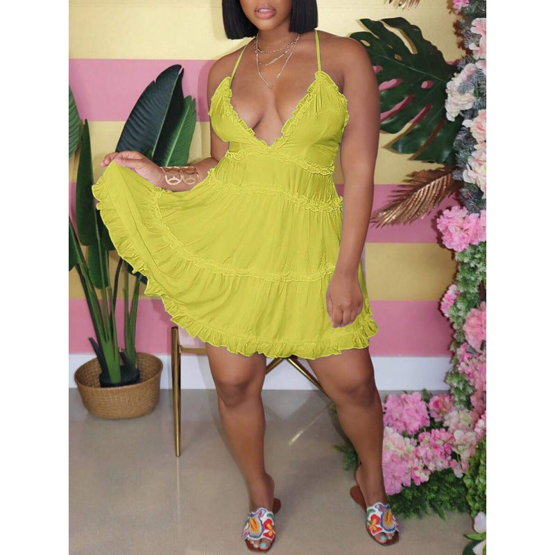 2025 Export Dropshipping Women Dresses Women's Pure Color Ruffled Suspender Backless Beach Cover-Up