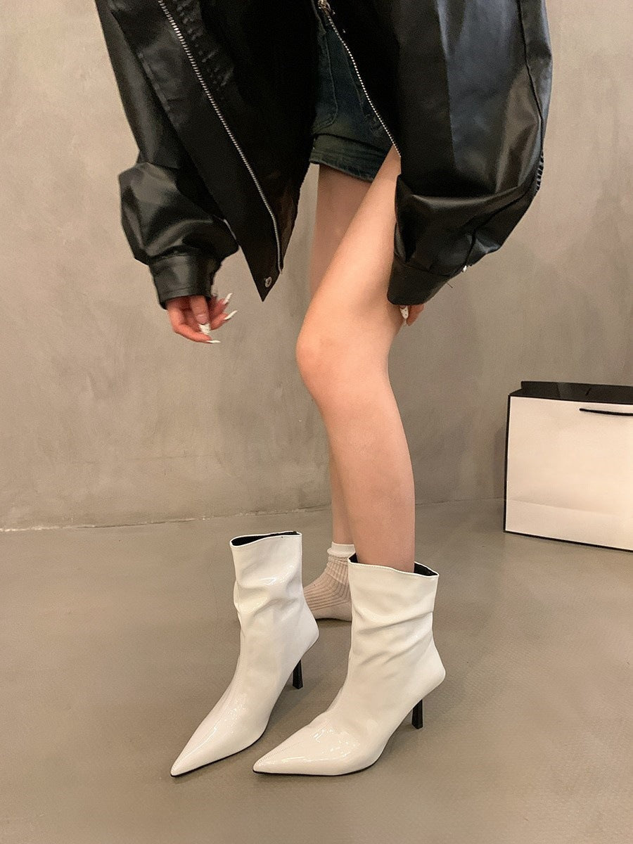 Pointed Toe Patent Leather Red Short Boots for Women 2025 Spring & Fall New Slim Stiletto Short Boots High Heels Slim Boots Nude Boots