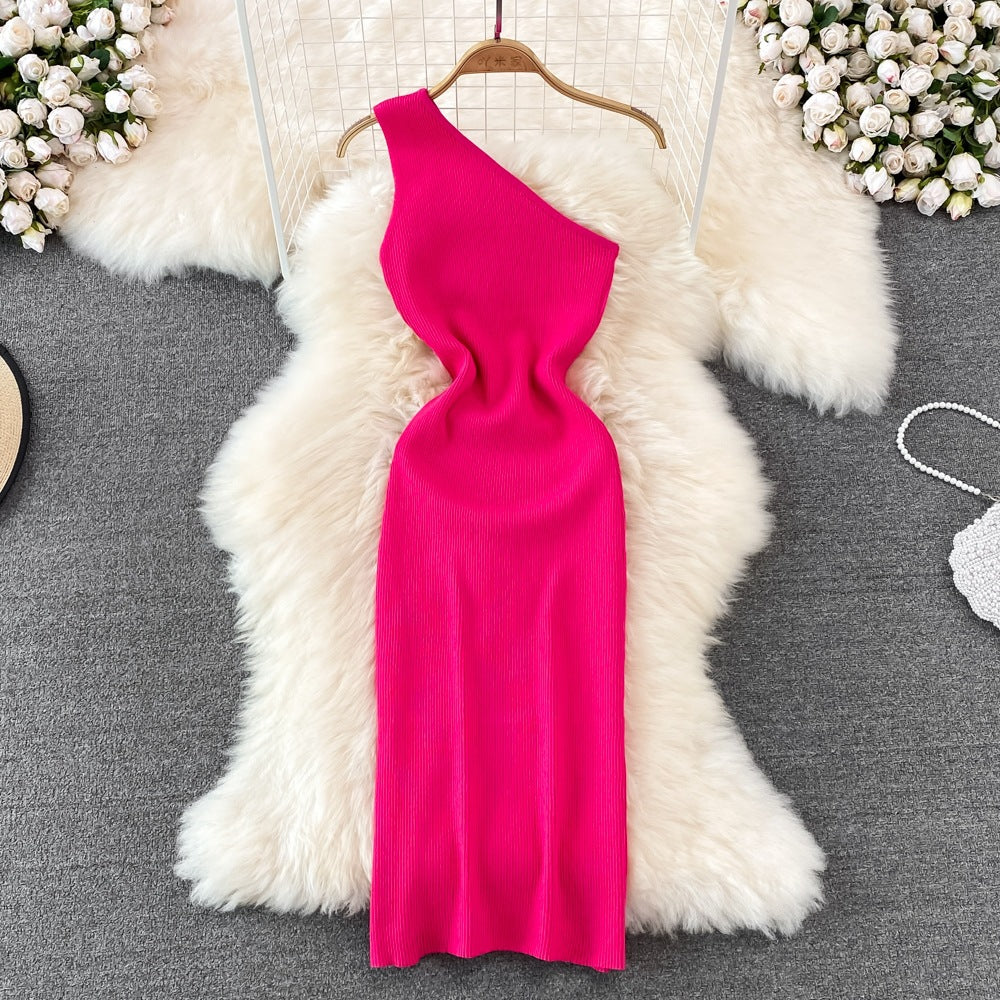 2026 Summer New Style Korean Fashion One-Shoulder Solid Color Slimming Elastic Bodycon Knit Dress 7100