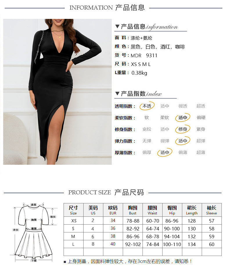 2026 Autumn and Winter New Cross-Border Long Dress European and American Style Sexy Bodycon Slim Fit Slit V-Neck Long Sleeve Dress