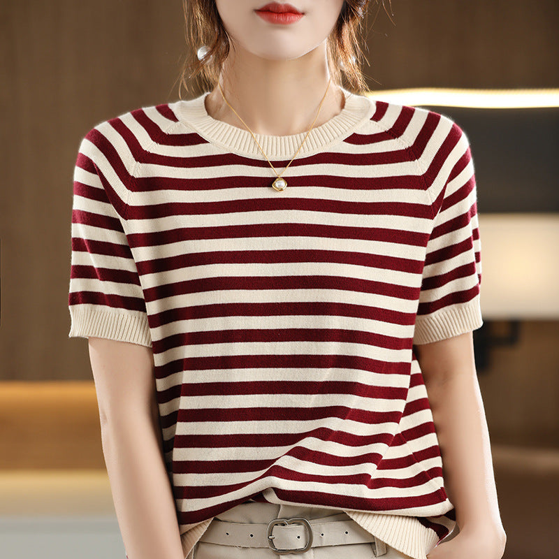 Summer New Striped Sweater T-shirt Women's Loose Round Neck Rags Short Sleeve Western Style Pure Cotton Backing Fashion