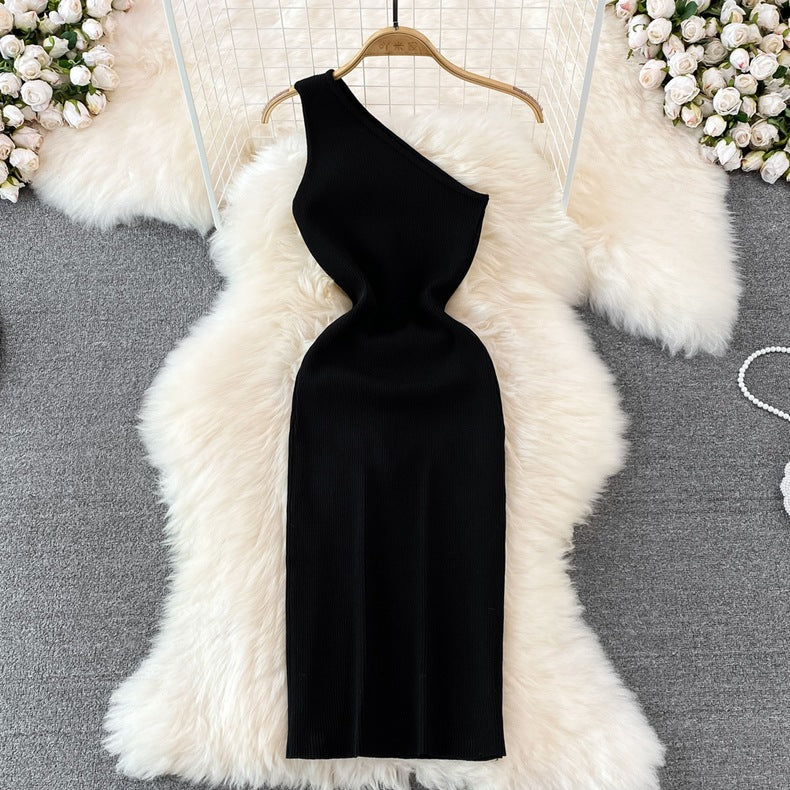 2026 Summer New Style Korean Fashion One-Shoulder Solid Color Slimming Elastic Bodycon Knit Dress 7100