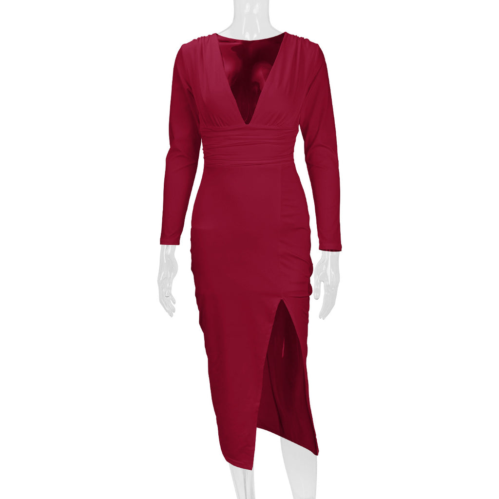 2026 Autumn and Winter New Cross-Border Long Dress European and American Style Sexy Bodycon Slim Fit Slit V-Neck Long Sleeve Dress