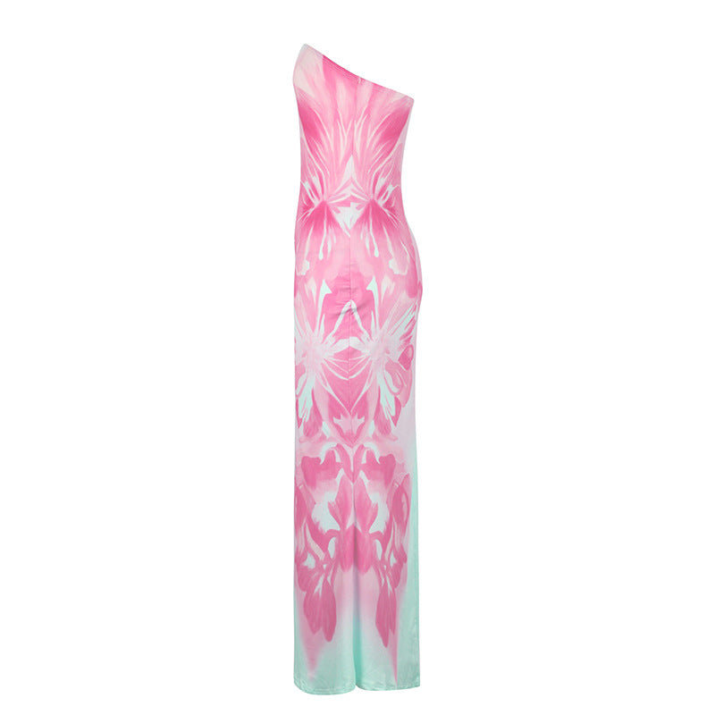 Ad176 European and American Fashion Spring and Summer New Style Elegant Strapless Backless Slim Fit Waist-Cinching Printed Sexy Bodycon Dress