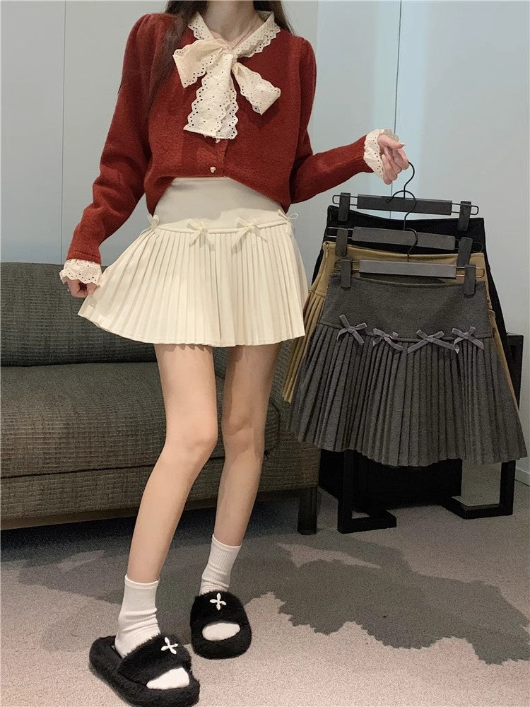 White Skirt, Bow Skirt, Black Pleated Skirt, Women's Early Autumn High-Waisted Slimming Look A-Line Skirt, Woolen Skirt
