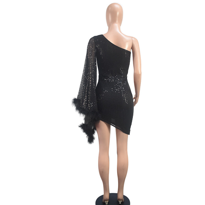 9581 Amazon Cross-Border Women's New Product One-Shoulder Single-Sleeve Bodycon Dress Christmas Stage Performance Evening Dress