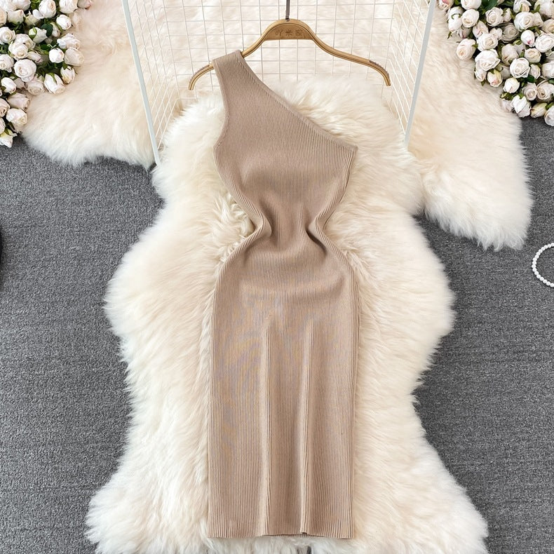 2026 Summer New Style Korean Fashion One-Shoulder Solid Color Slimming Elastic Bodycon Knit Dress 7100