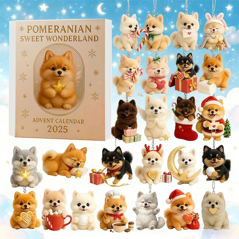 Pomeranian Sweet Wonderland Advent Calendar 2025,24 Days Of Festive Surprises Dog Ornaments,2D Acrylic Cute Canine Toys