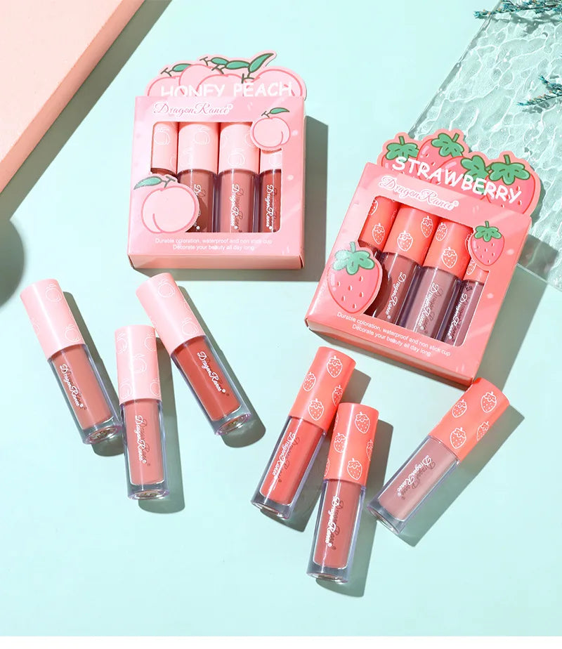 Mini Velvet Matte Lip Gloss Set, 3pc/4pcs Non-Fading, Non-Stick Cup, Long-Lasting Fruit Scented Lip Tint, Smooth and Lightweight