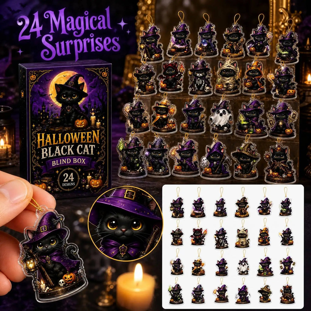 2026 Halloween Advent Calendar 2D Black Cat Wizard 24 Acrylic Keychains 24-Day Countdown Gift Calendar Halloween Decoration