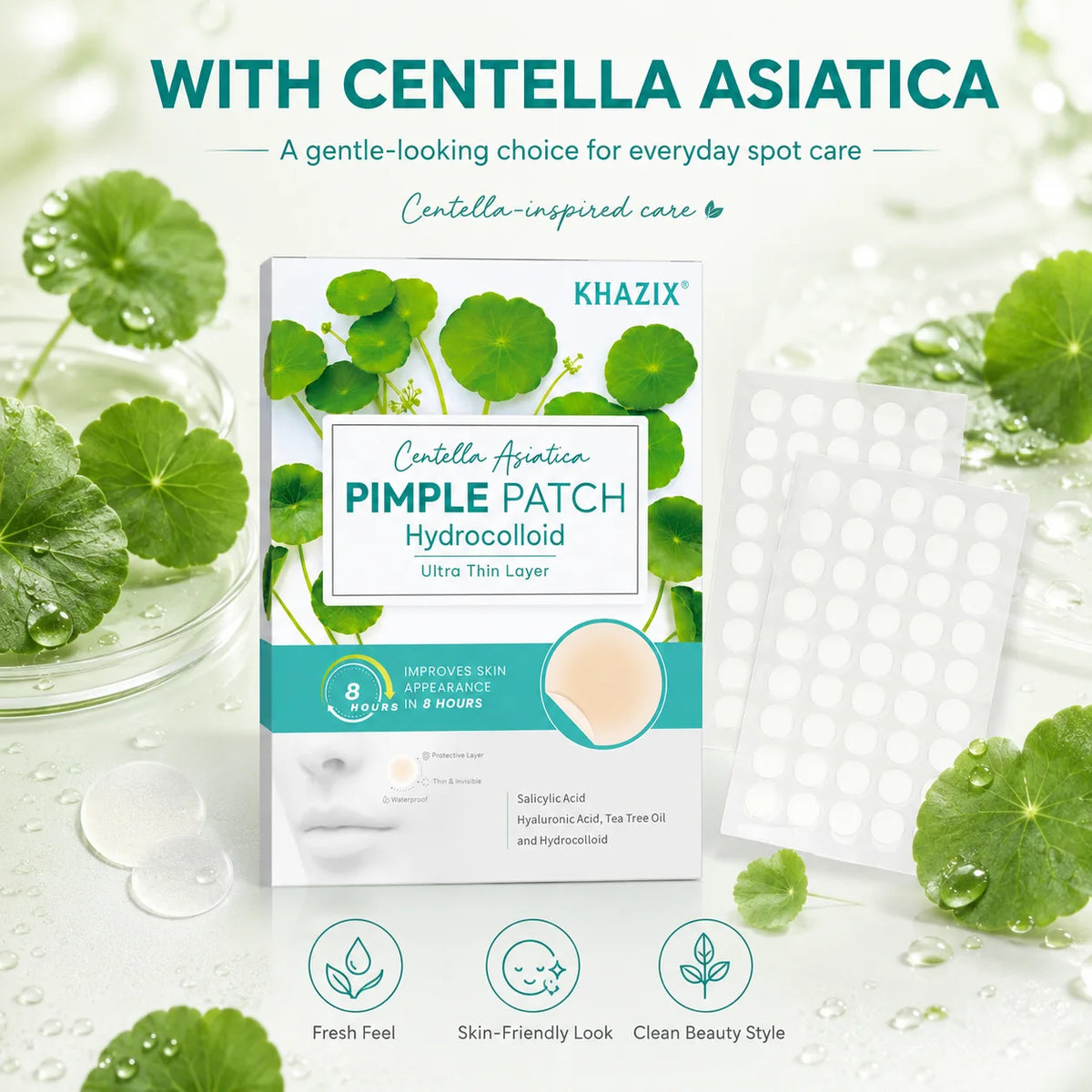 Centella Asiatica Hydrocolloid  Acne Patches, for Acne & Blemishes, 12/24 pcs.