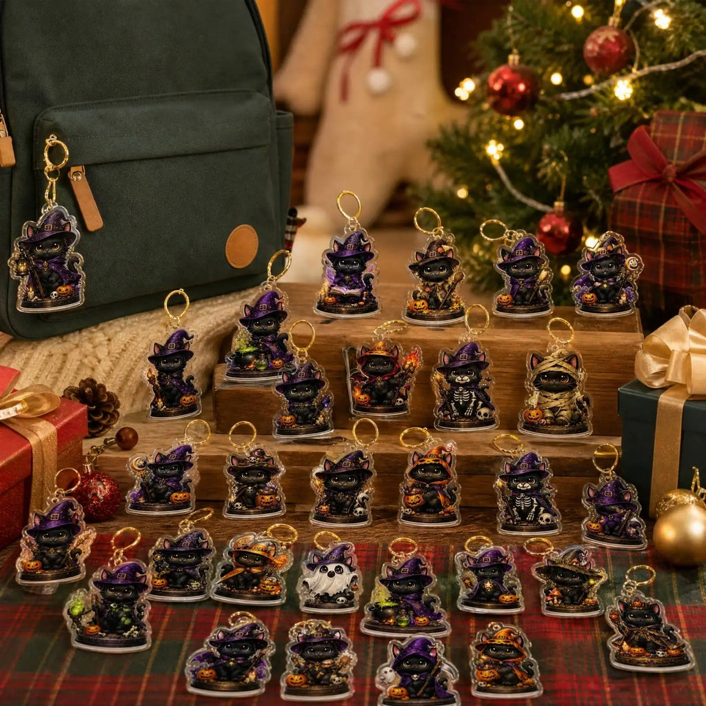 2026 Halloween Advent Calendar 2D Black Cat Wizard 24 Acrylic Keychains 24-Day Countdown Gift Calendar Halloween Decoration