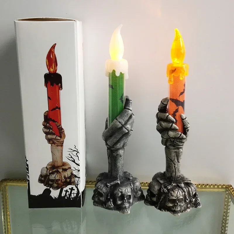 Halloween Horror Skull Ghost Holding  LED Lights Candle Lamp Happy Holloween Party Decoration for Home Haunted House Ornaments