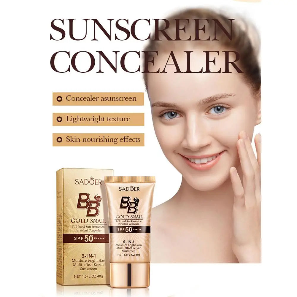 SADOER Gold Snail Sunscreen BB Cream Foundation Concealer Moisturizing Isolation Cream SPF50+PA+++ 40g Facial Moisturizer