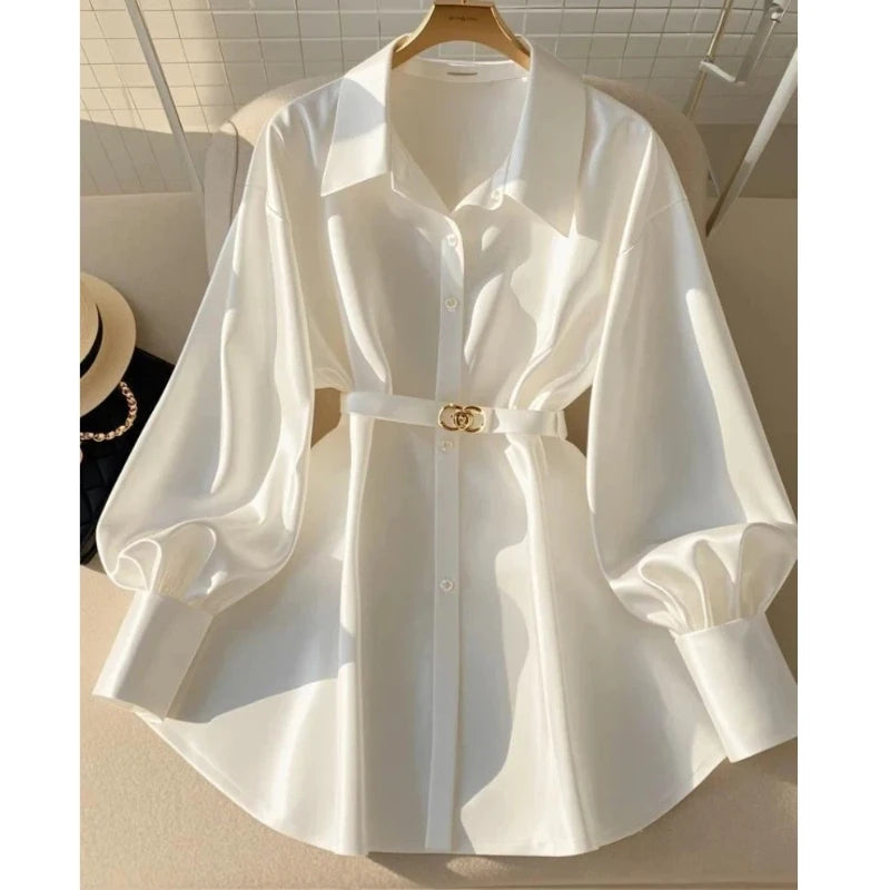 Women Clothing White Temperament Loose Shirt Tops Spring Autumn New Polo Neck Long Sleeve Solid Elegant Blouse Fashion Vintage