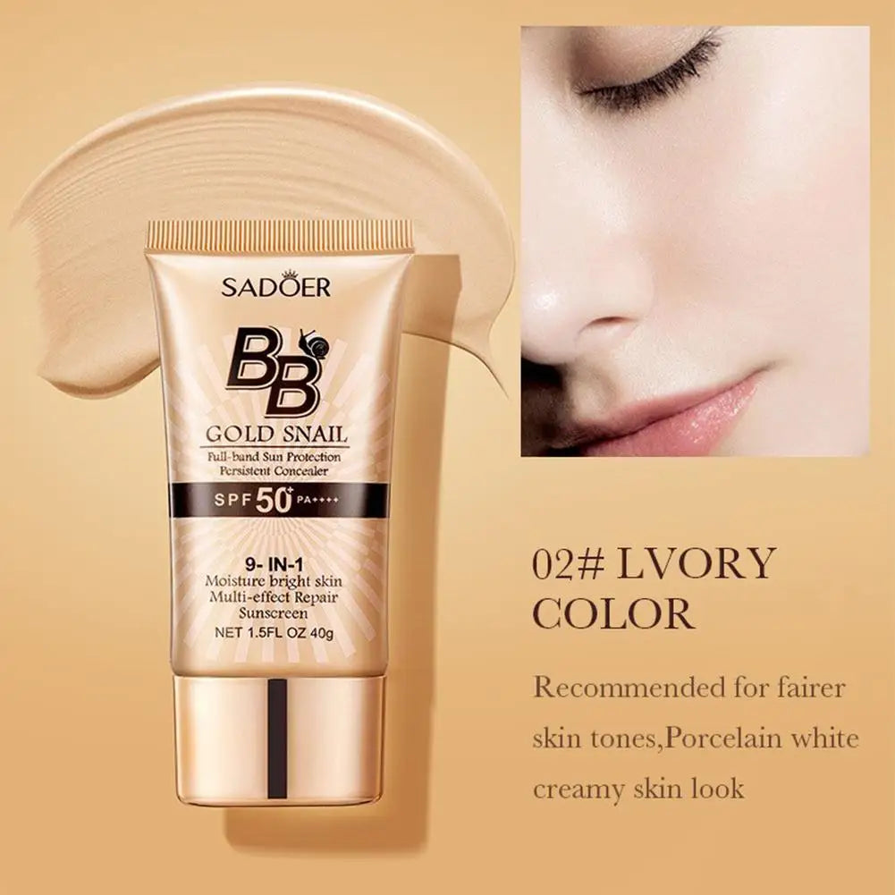 SADOER Gold Snail Sunscreen BB Cream Foundation Concealer Moisturizing Isolation Cream SPF50+PA+++ 40g Facial Moisturizer