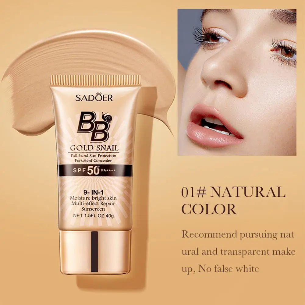 SADOER Gold Snail Sunscreen BB Cream Foundation Concealer Moisturizing Isolation Cream SPF50+PA+++ 40g Facial Moisturizer