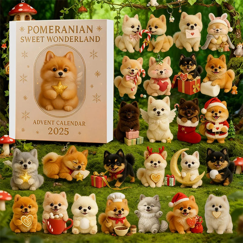 Pomeranian Sweet Wonderland Advent Calendar 2025,24 Days Of Festive Surprises Dog Ornaments,2D Acrylic Cute Canine Toys