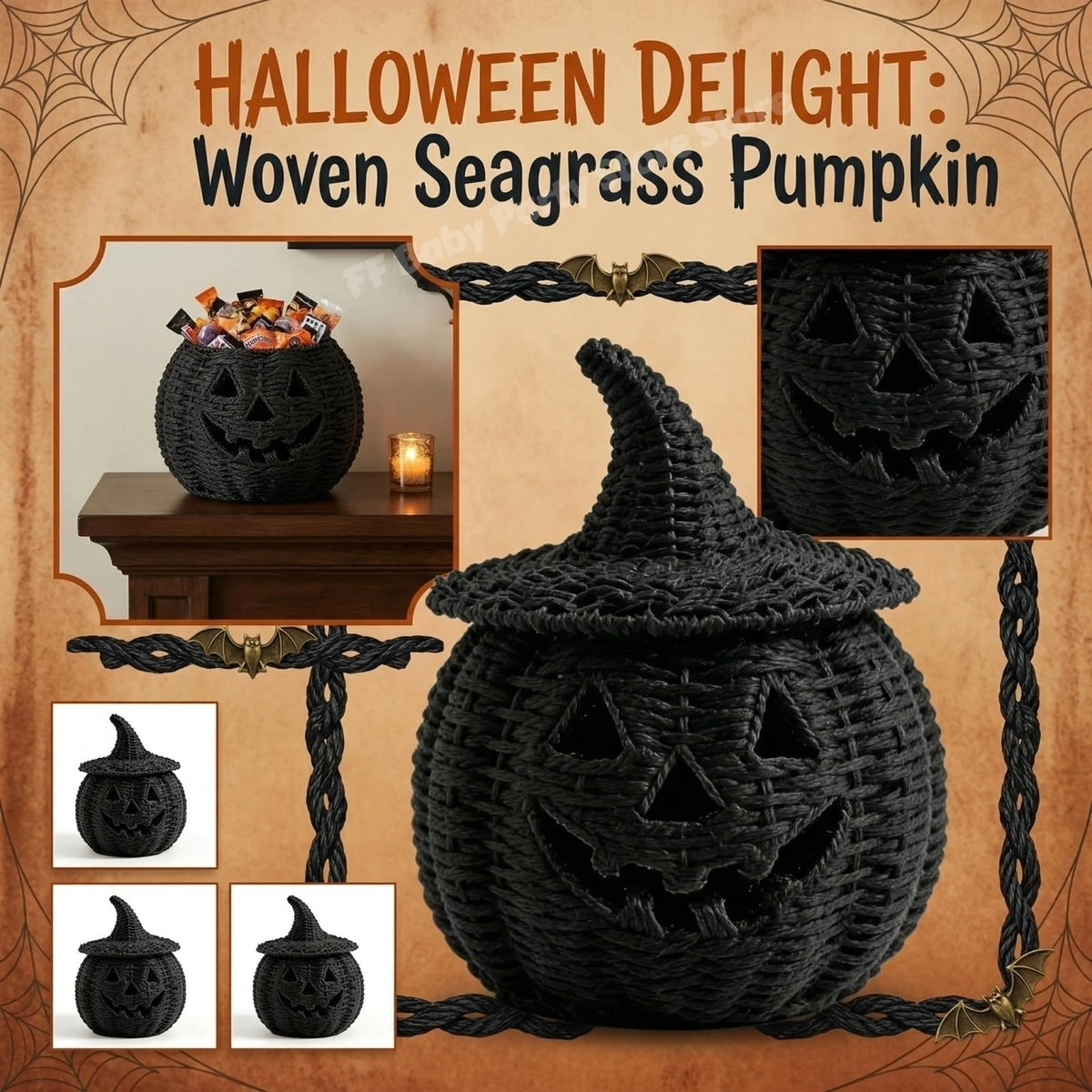 Halloween Decorations Hand-Woven Wicker Pumpkin Lantern Witch Hat Storage Box Home Decorative Statue Ornaments Christmas Decor