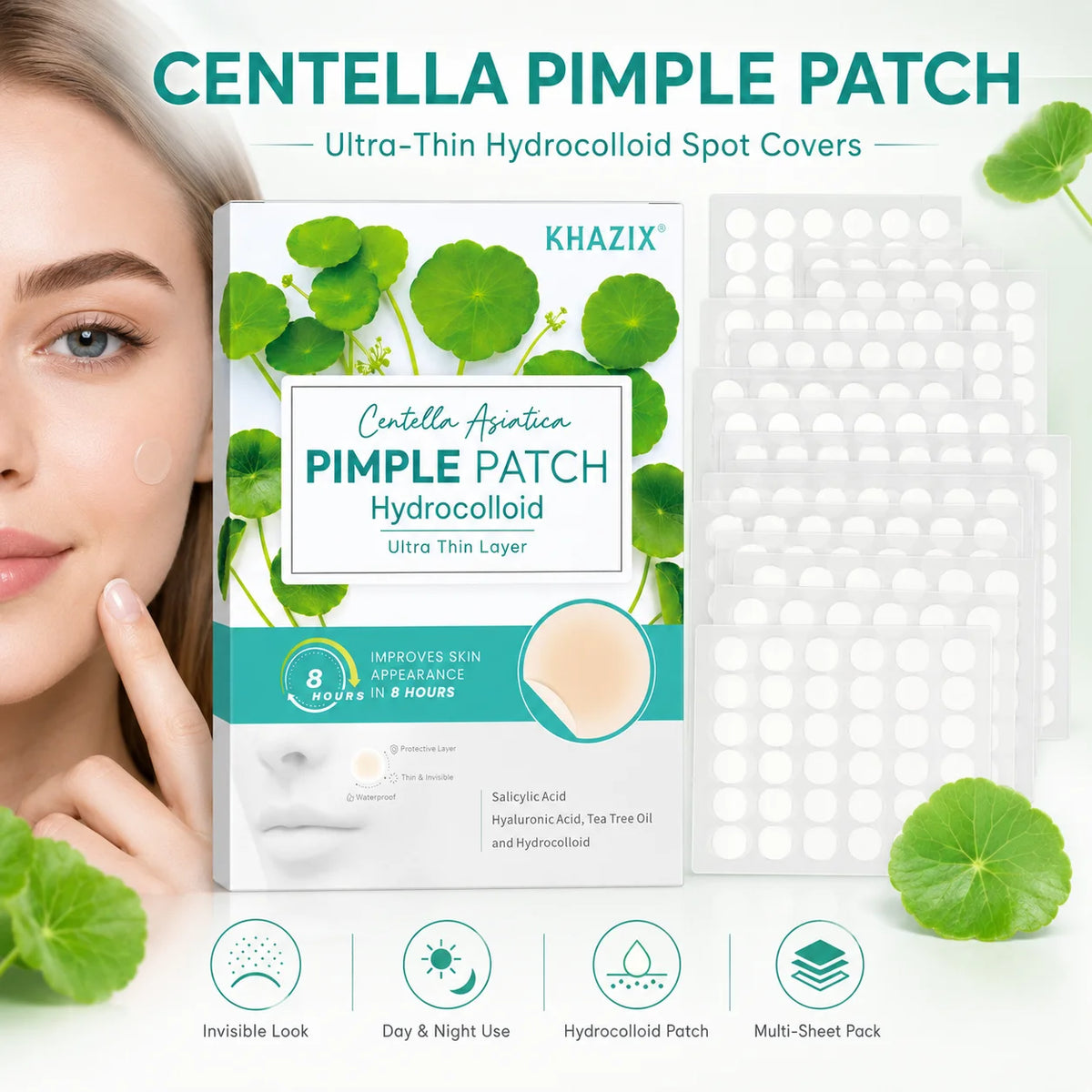 Centella Asiatica Hydrocolloid  Acne Patches, for Acne & Blemishes, 12/24 pcs.