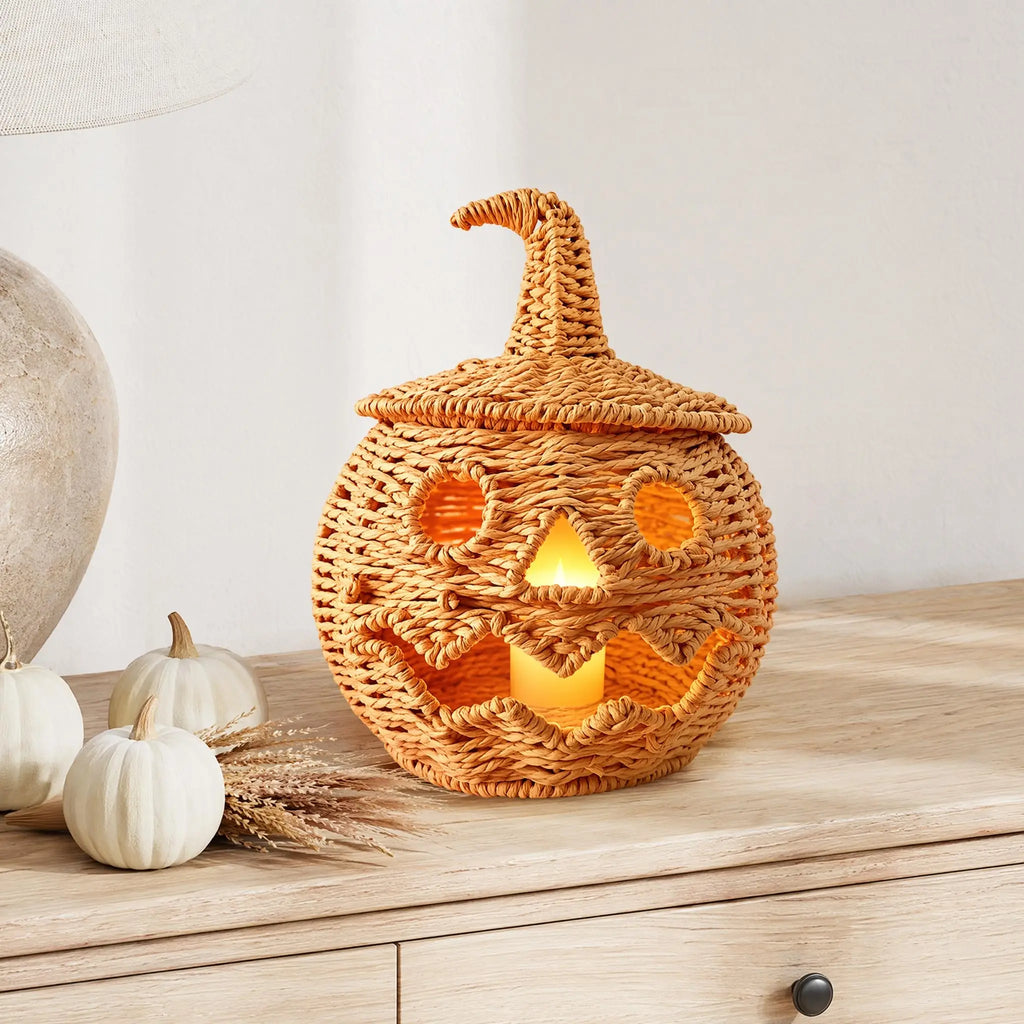 Halloween Decorations Hand-Woven Wicker Pumpkin Lantern Witch Hat Storage Box Home Decorative Statue Ornaments Christmas Decor