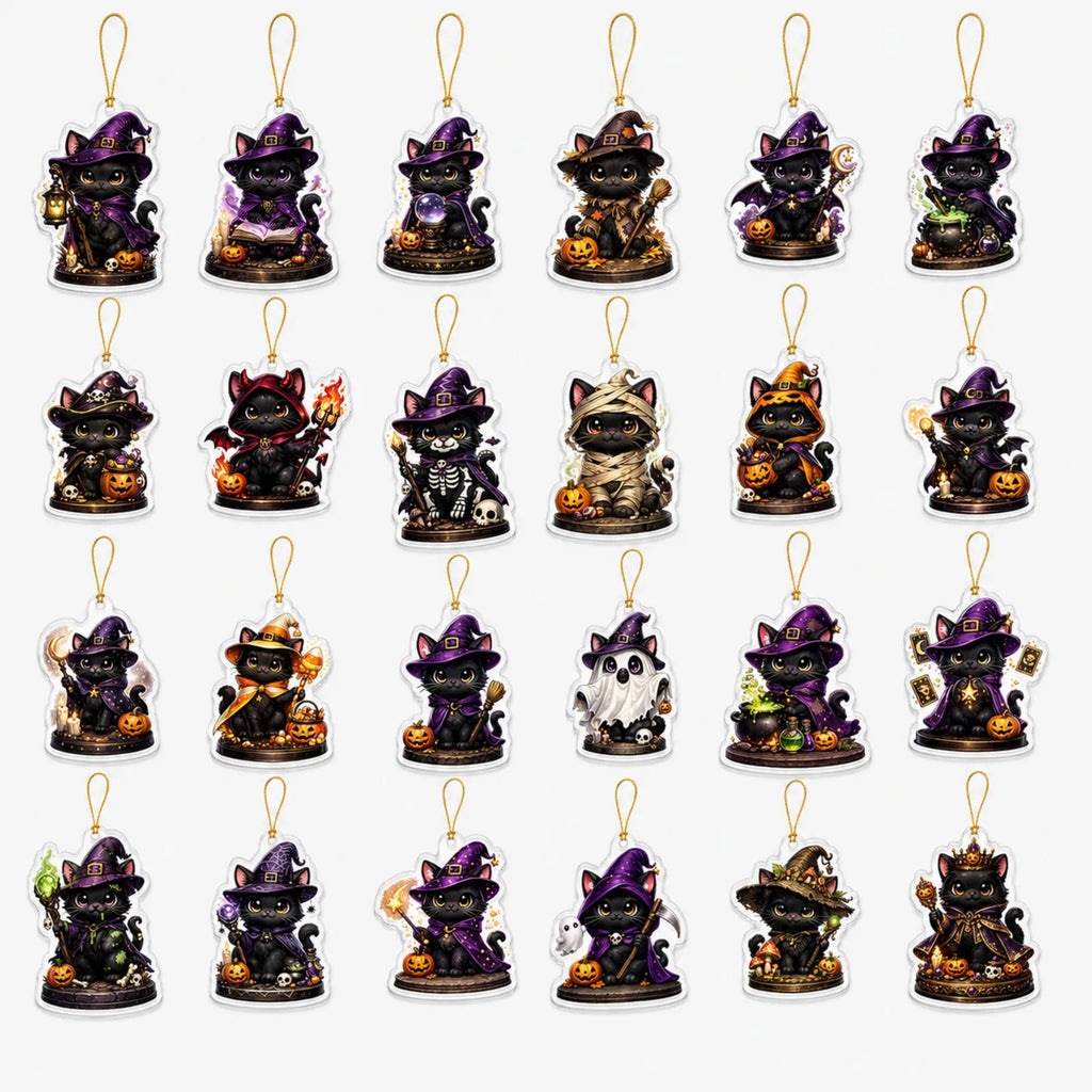 2026 Halloween Advent Calendar 2D Black Cat Wizard 24 Acrylic Keychains 24-Day Countdown Gift Calendar Halloween Decoration