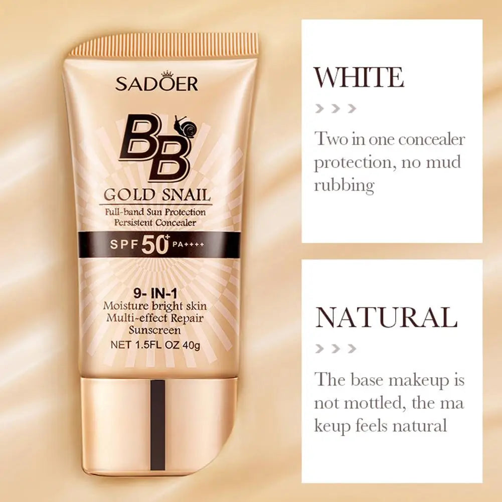 SADOER Gold Snail Sunscreen BB Cream Foundation Concealer Moisturizing Isolation Cream SPF50+PA+++ 40g Facial Moisturizer
