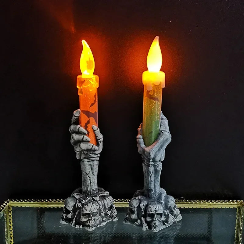 Halloween Horror Skull Ghost Holding  LED Lights Candle Lamp Happy Holloween Party Decoration for Home Haunted House Ornaments