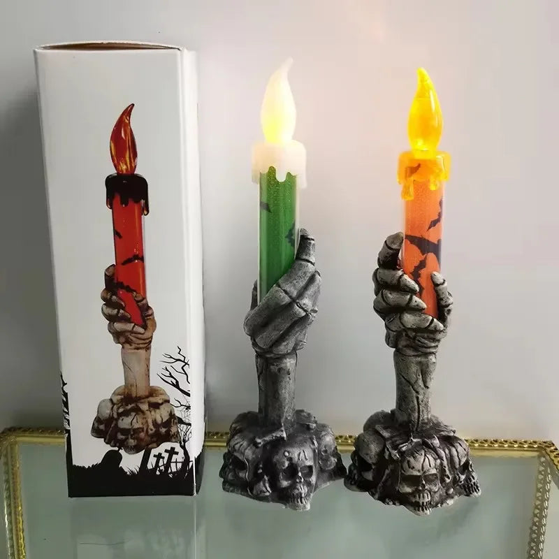 Halloween Horror Skull Ghost Holding  LED Lights Candle Lamp Happy Holloween Party Decoration for Home Haunted House Ornaments