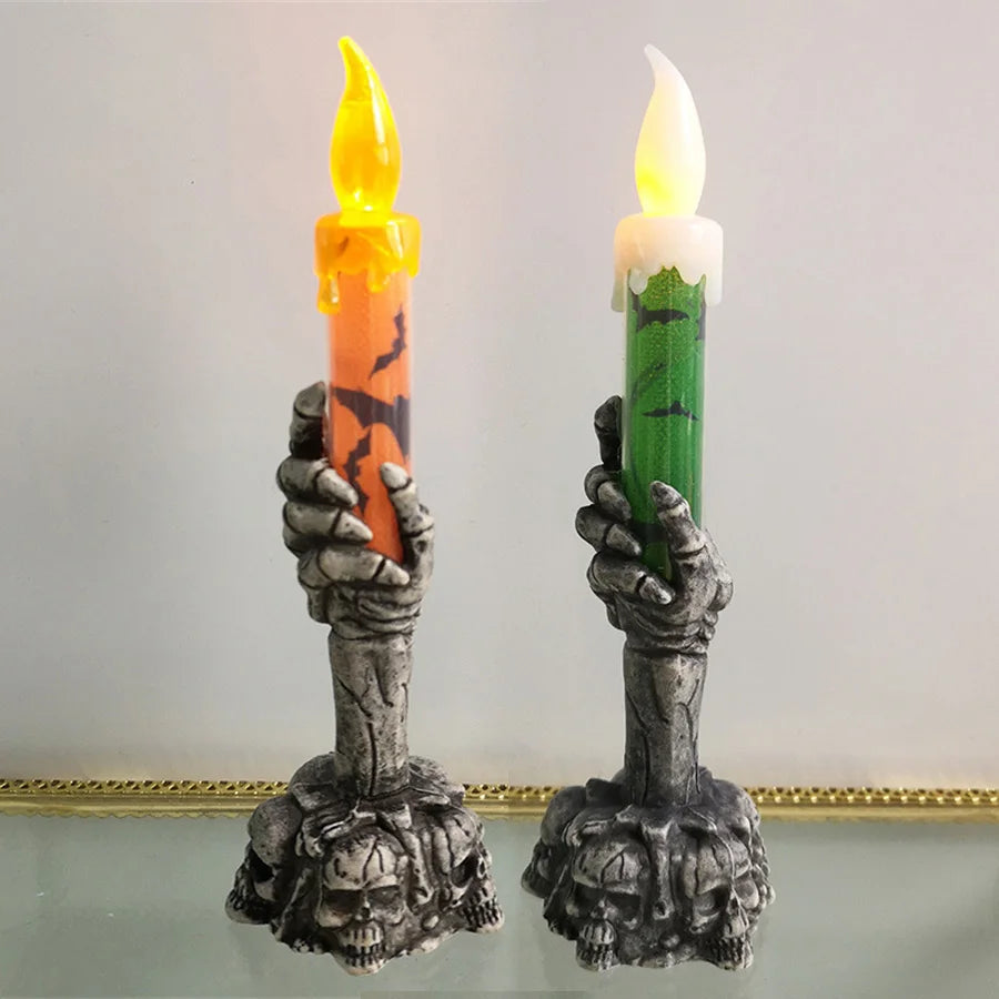 Halloween Horror Skull Ghost Holding  LED Lights Candle Lamp Happy Holloween Party Decoration for Home Haunted House Ornaments