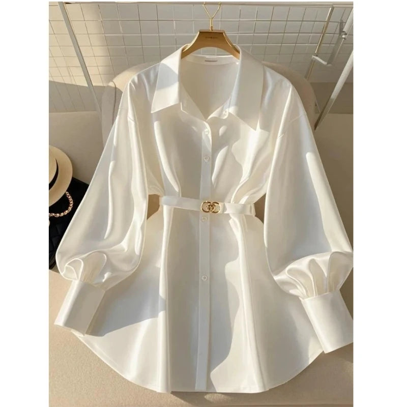 Women Clothing White Temperament Loose Shirt Tops Spring Autumn New Polo Neck Long Sleeve Solid Elegant Blouse Fashion Vintage