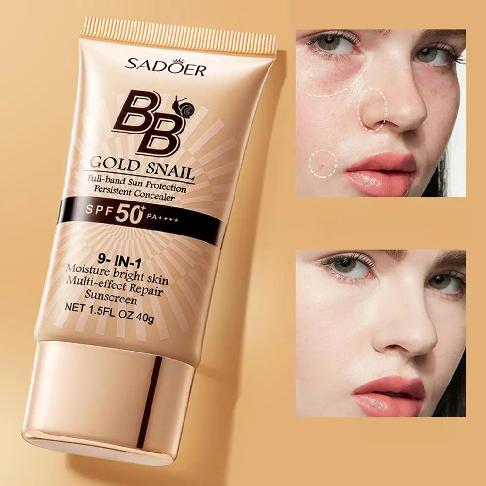 SADOER Gold Snail Sunscreen BB Cream Foundation Concealer Moisturizing Isolation Cream SPF50+PA+++ 40g Facial Moisturizer