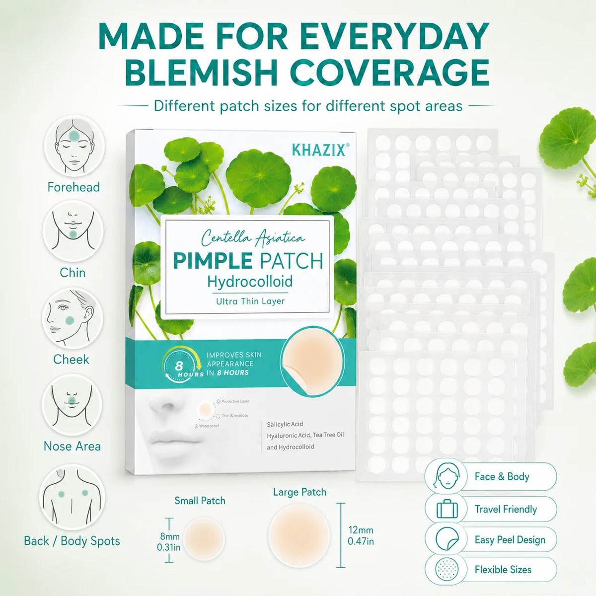Centella Asiatica Hydrocolloid  Acne Patches, for Acne & Blemishes, 12/24 pcs.