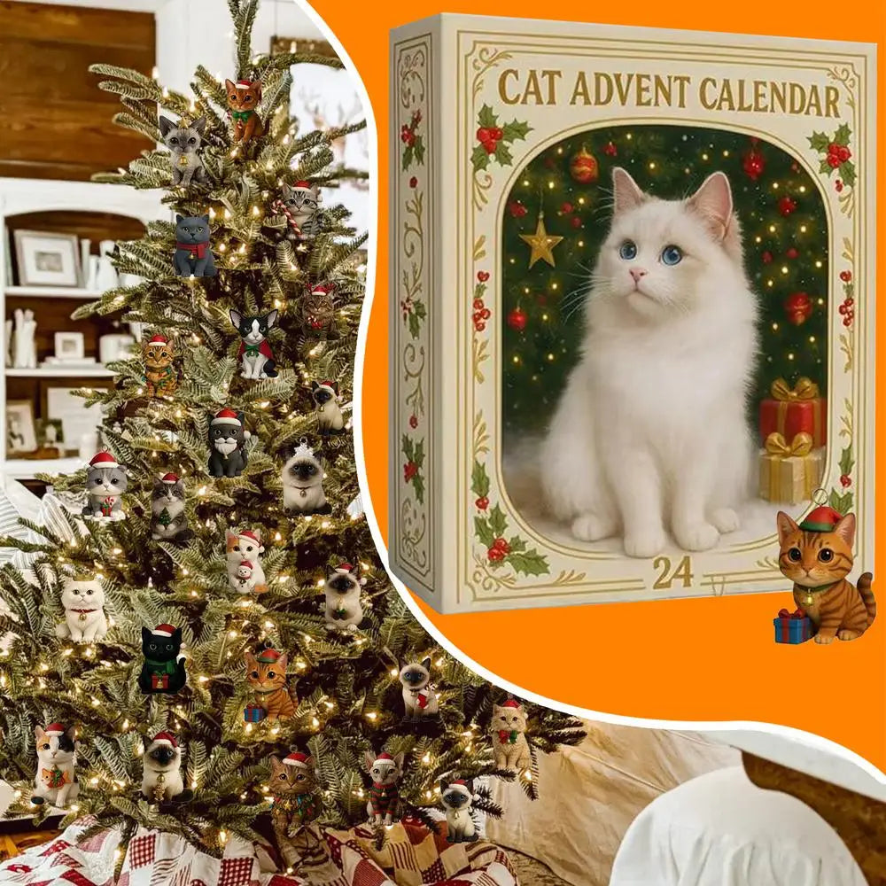 Advent Calendar 2025 24 Days Christmas Countdown with 24Pcs 2D Acrylic Cute Kitten Tree Decoration for Xmas Cat Lovers Gifts
