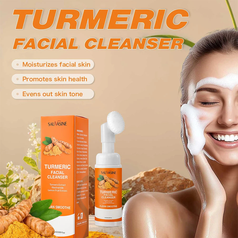 Turmeric Cleanser Moisturize Facial Brightening Skin Tone Daily Face Wash Foam with Brush Skin Care Clean Lemon Fruit Extract