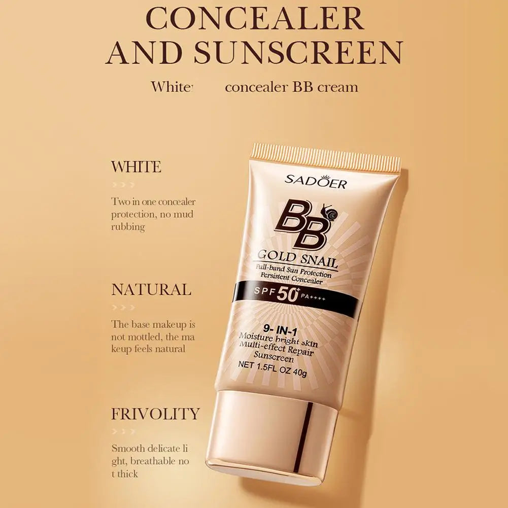 SADOER Gold Snail Sunscreen BB Cream Foundation Concealer Moisturizing Isolation Cream SPF50+PA+++ 40g Facial Moisturizer