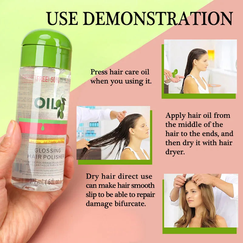 Olive Oil Frizz Control & Shine Glossing Polisher 6 Ounce Shining Hair Glossing Oil Daily Use Good Smell Hair Smooth Healthy Oil