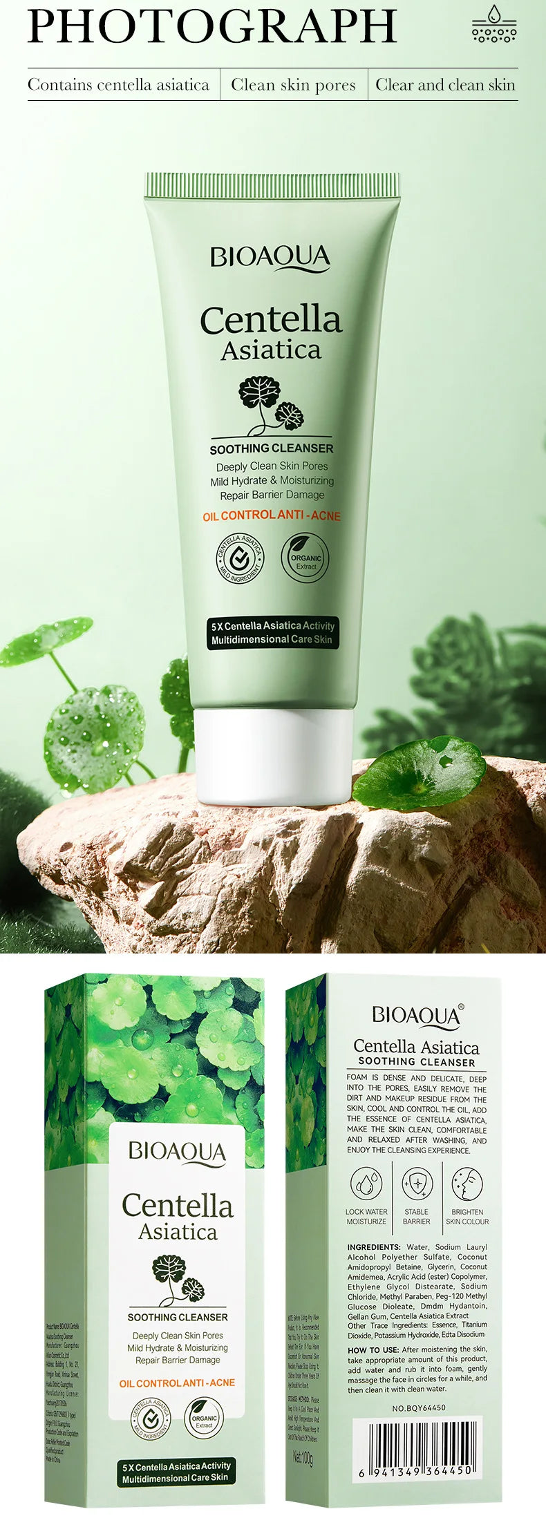 BIOAQUA Centella Asiatica Facial Cleanser Moisturizing Oil Control Face Cleansing Face Wash Foam Facial Cleanser Skin Care
