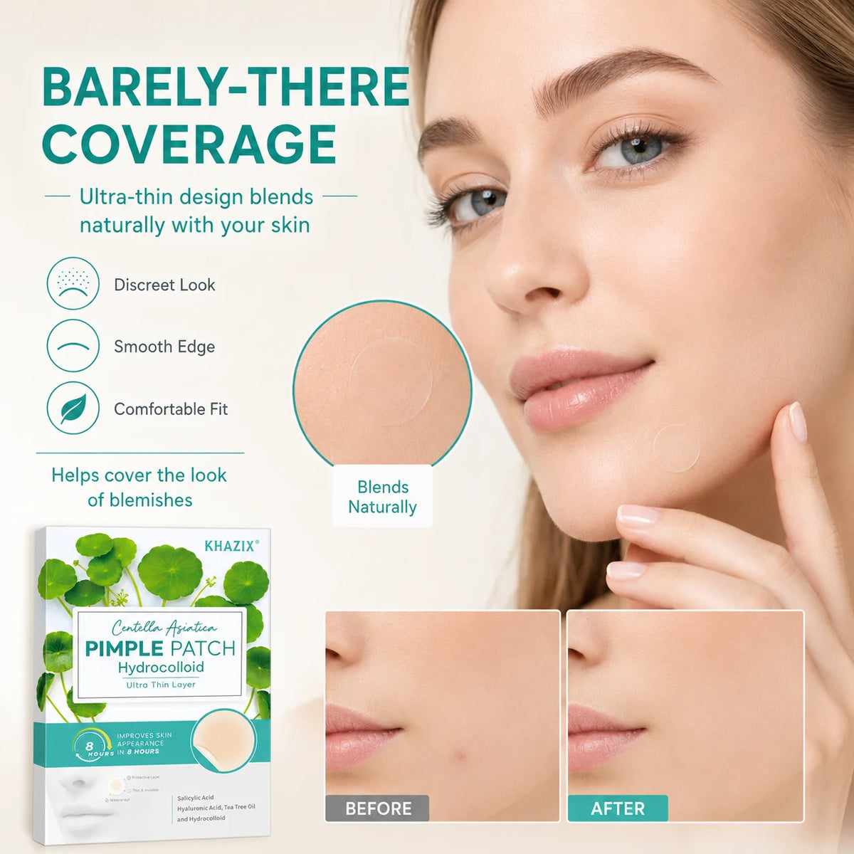 Centella Asiatica Hydrocolloid  Acne Patches, for Acne & Blemishes, 12/24 pcs.