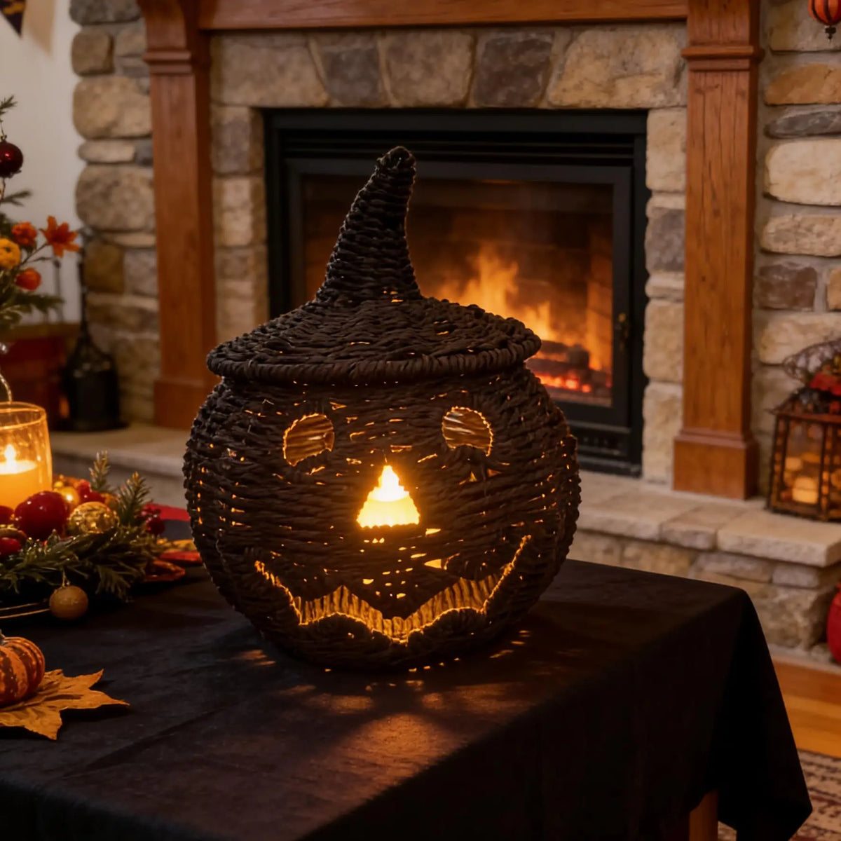Halloween Decorations Hand-Woven Wicker Pumpkin Lantern Witch Hat Storage Box Home Decorative Statue Ornaments Christmas Decor