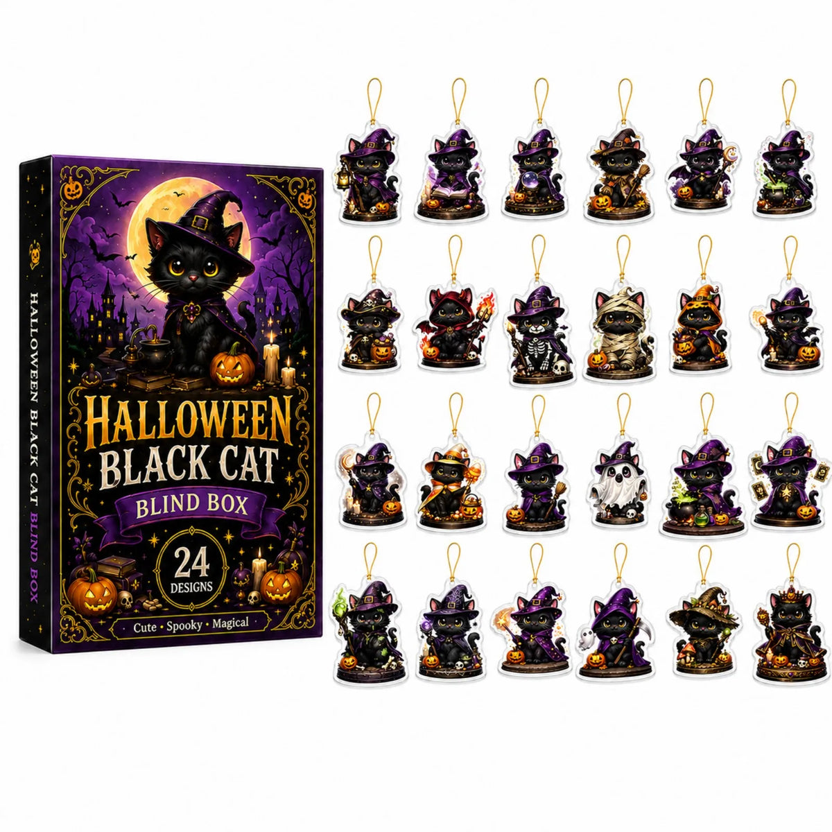 2026 Halloween Advent Calendar 2D Black Cat Wizard 24 Acrylic Keychains 24-Day Countdown Gift Calendar Halloween Decoration