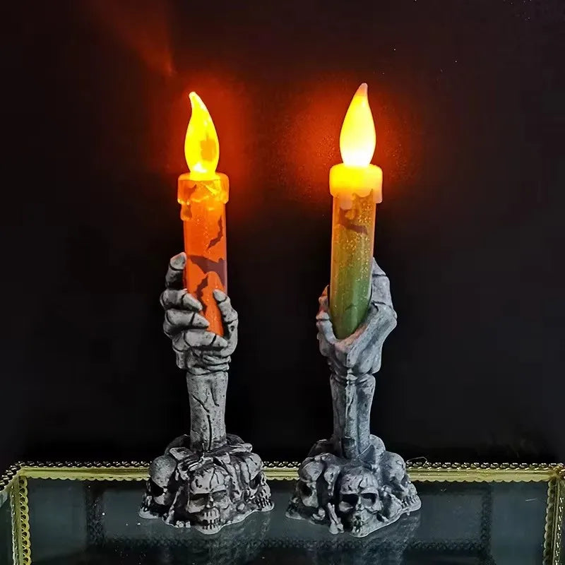 Halloween Horror Skull Ghost Holding  LED Lights Candle Lamp Happy Holloween Party Decoration for Home Haunted House Ornaments
