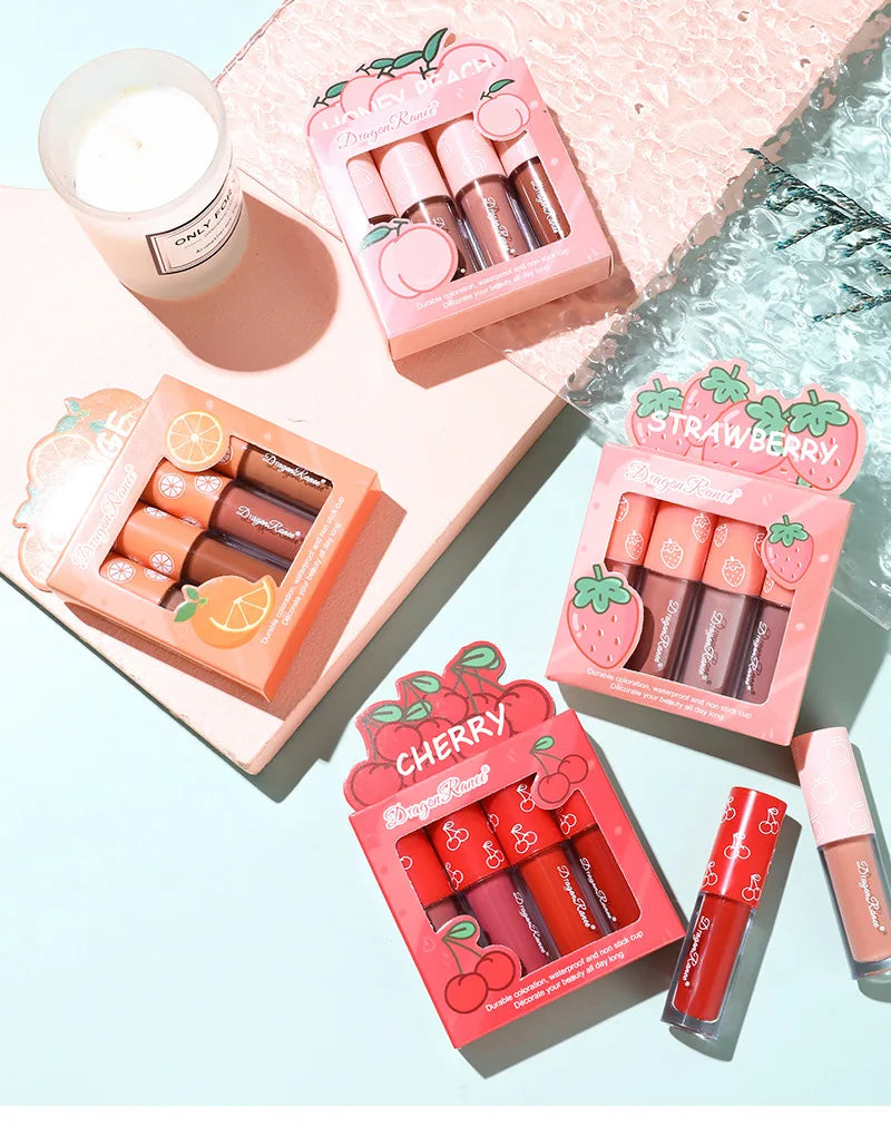 Mini Velvet Matte Lip Gloss Set, 3pc/4pcs Non-Fading, Non-Stick Cup, Long-Lasting Fruit Scented Lip Tint, Smooth and Lightweight