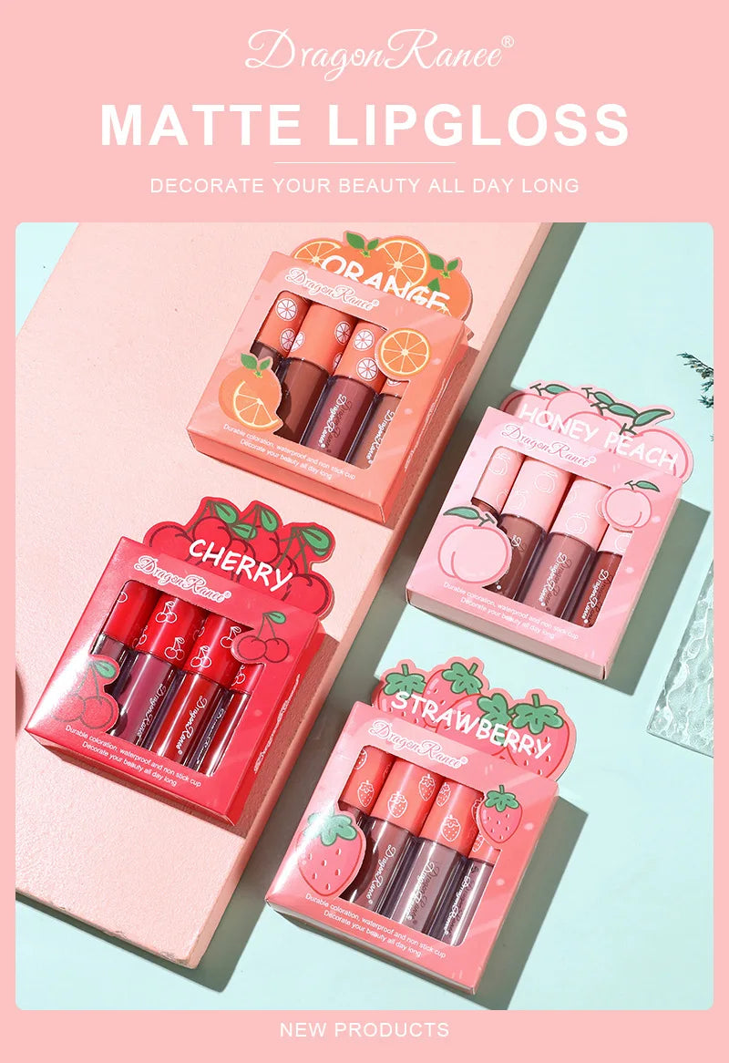 Mini Velvet Matte Lip Gloss Set, 3pc/4pcs Non-Fading, Non-Stick Cup, Long-Lasting Fruit Scented Lip Tint, Smooth and Lightweight