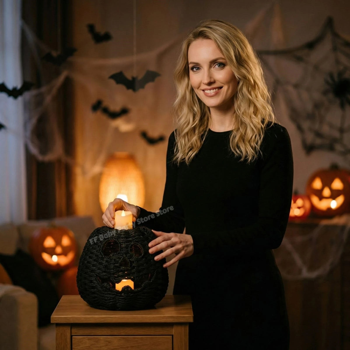 Halloween Decorations Hand-Woven Wicker Pumpkin Lantern Witch Hat Storage Box Home Decorative Statue Ornaments Christmas Decor