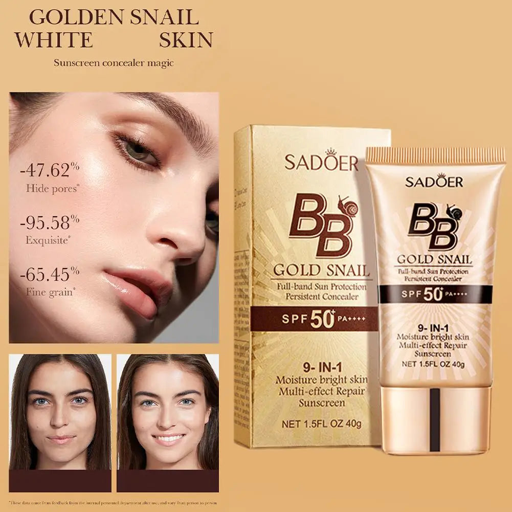 SADOER Gold Snail Sunscreen BB Cream Foundation Concealer Moisturizing Isolation Cream SPF50+PA+++ 40g Facial Moisturizer