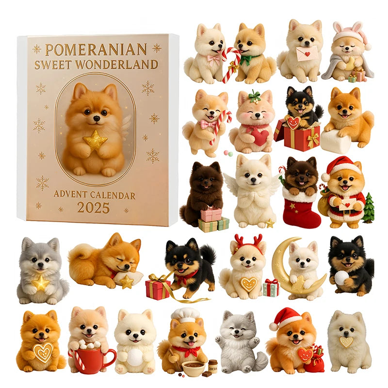 Pomeranian Sweet Wonderland Advent Calendar 2025,24 Days Of Festive Surprises Dog Ornaments,2D Acrylic Cute Canine Toys
