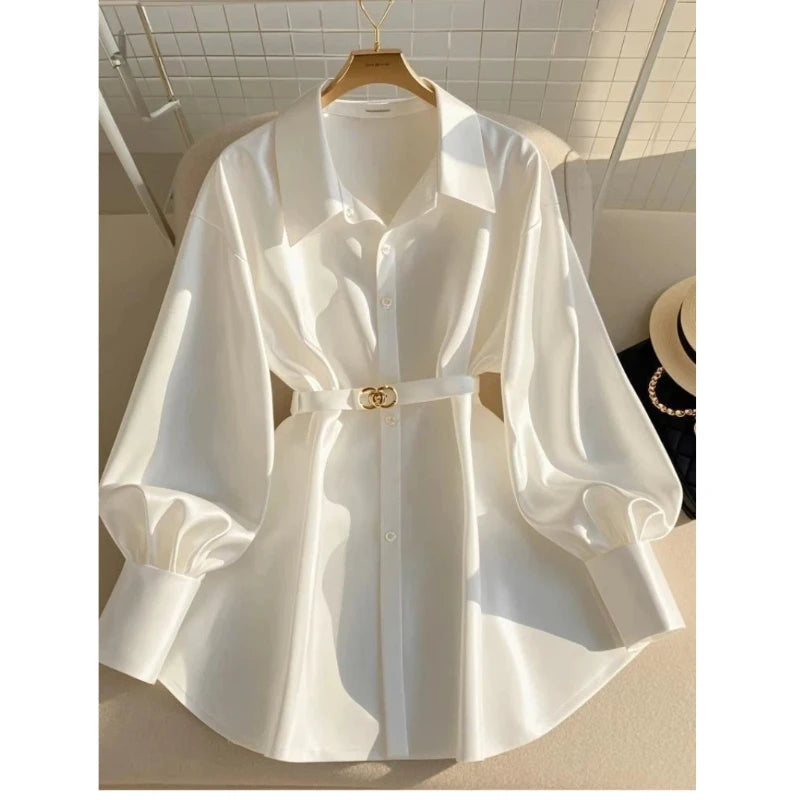 Women Clothing White Temperament Loose Shirt Tops Spring Autumn New Polo Neck Long Sleeve Solid Elegant Blouse Fashion Vintage